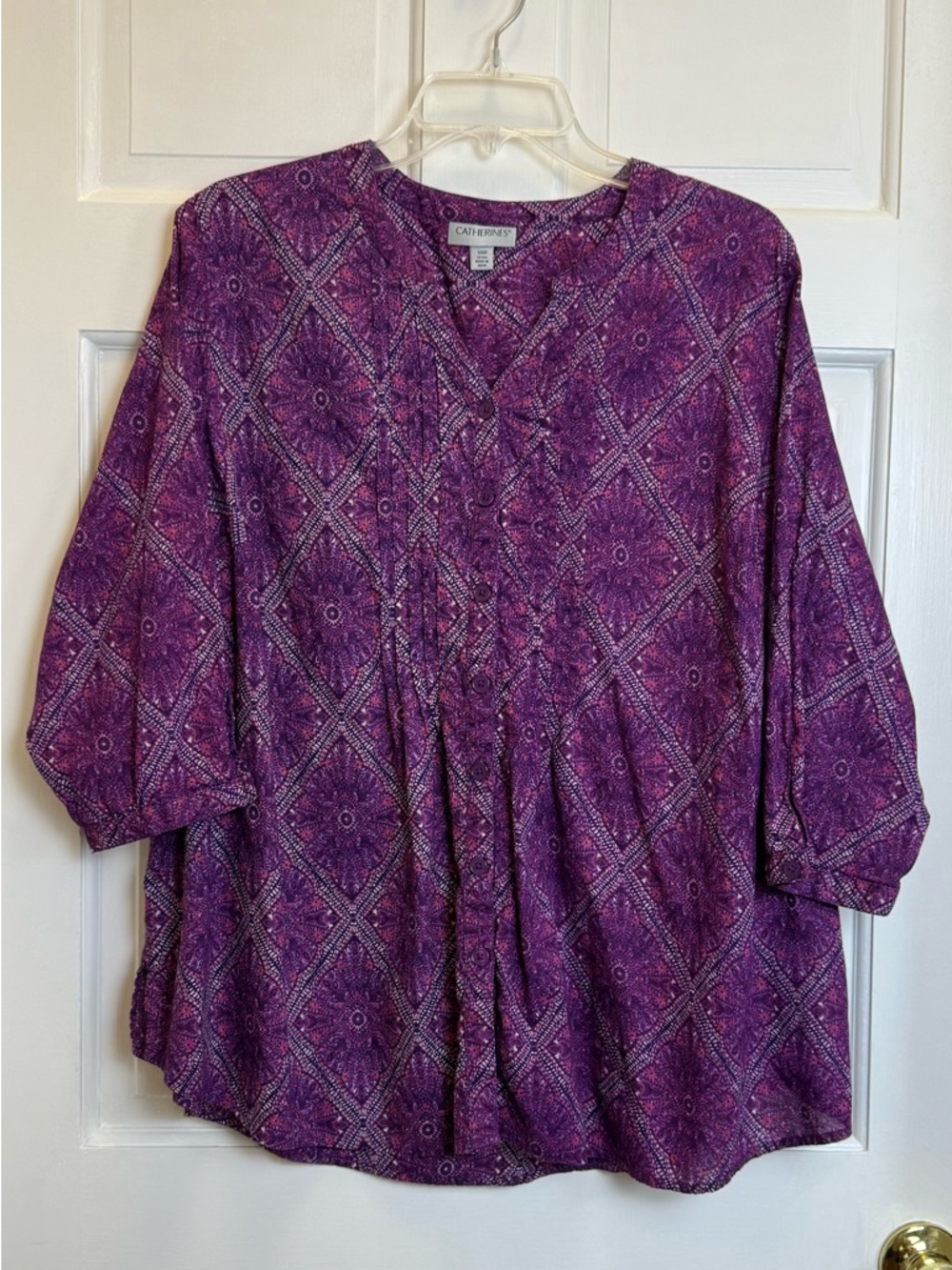 Catherines Purple Geometric Print 3/4 Sleeve Cotton Blouse Size 1XWP Petite